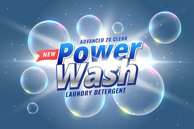 the new power wash logo is shown with soap bubbles in front of blue sky and stars