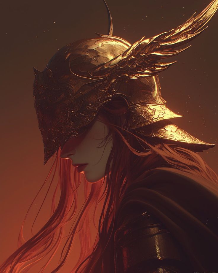 a woman with red hair wearing a helmet and gold wings on top of her head