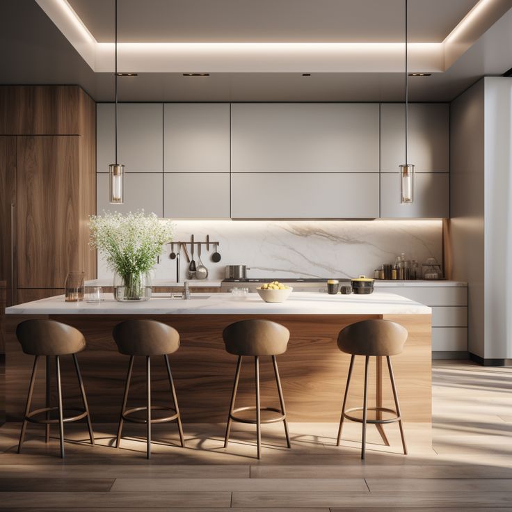 a kitchen with marble counter tops and stools next to an island in the middle