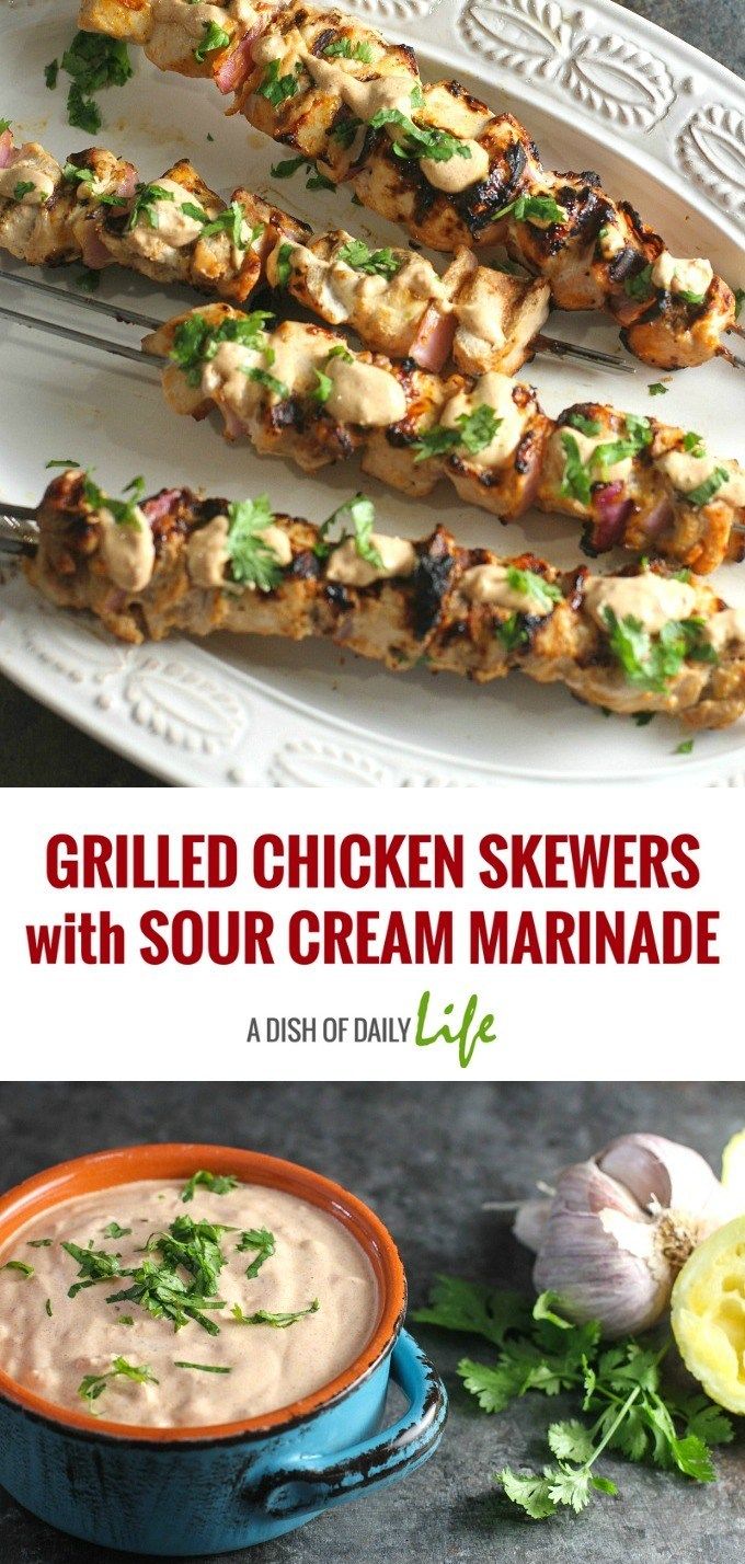 grilled chicken skewers with sour cream marinade are an easy and delicious appetizer