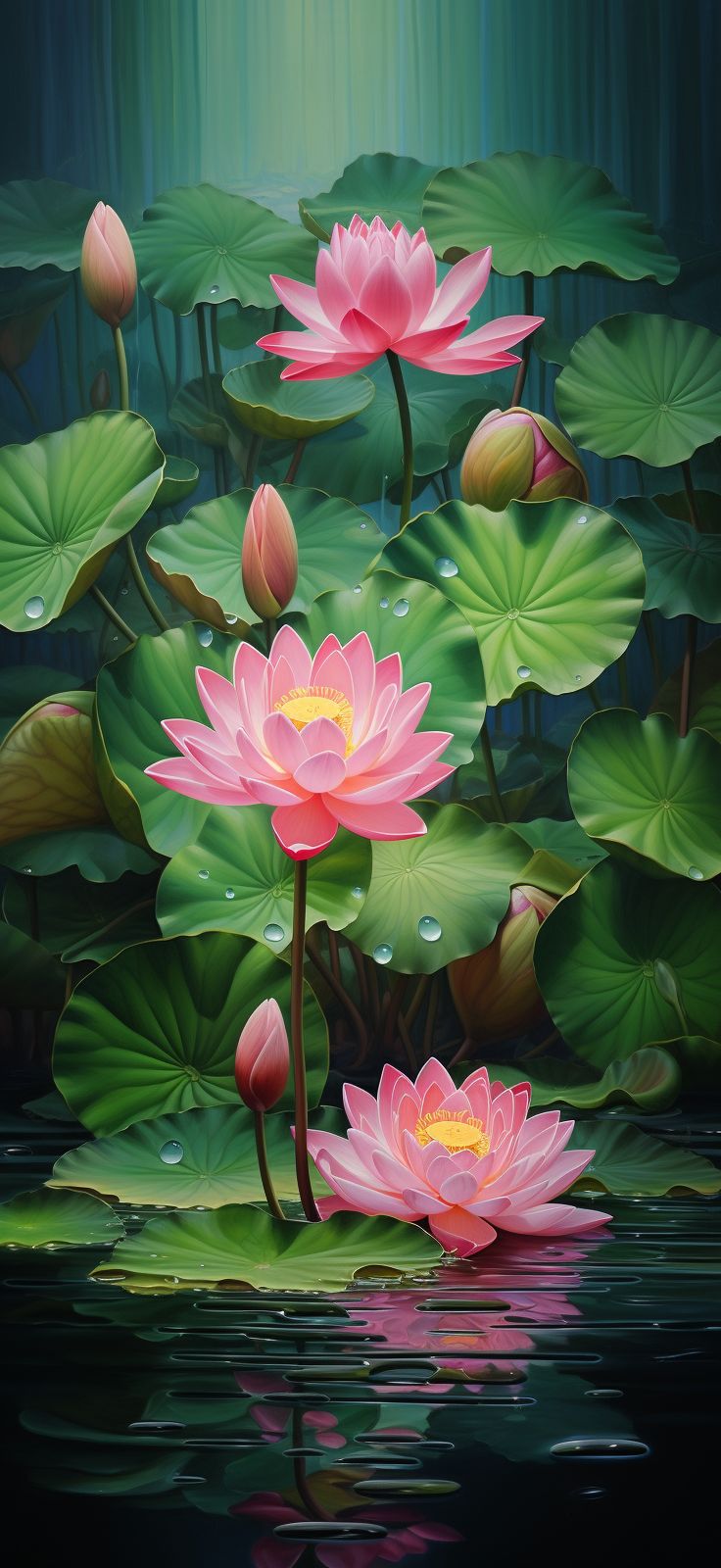 two pink water lilies in the middle of a pond with lily pads on it