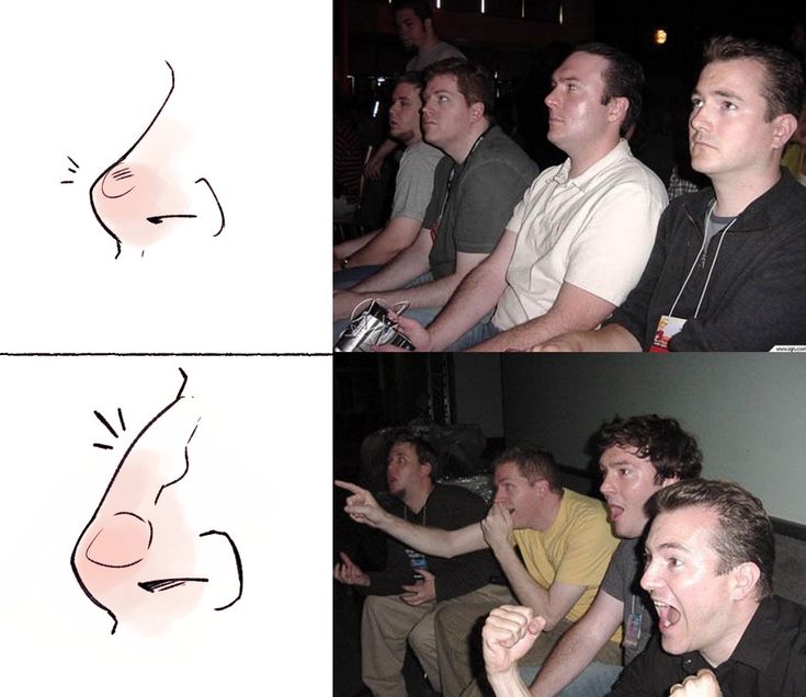 two pictures of men sitting next to each other and one has a nose drawn on it