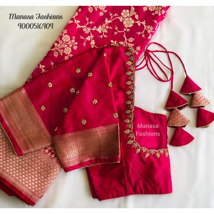 Simple Red Blouse Designs For Saree, Work Vala Blouses, Pink And Blue Maggam Work Blouse, Magam Work Blouses Simple, New Pattu Blouse Designs, Green Saree Red Blouse Designs, Koorai Saree Blouse Designs, Magam Work On Red Blouse, Simple Blouse Designs For Mom