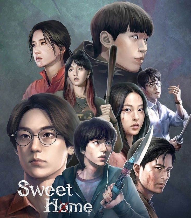 the movie poster for sweet home is shown with many people holding swords and looking at each other