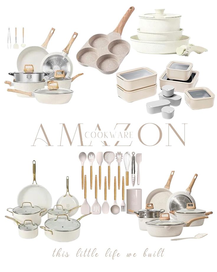 an assortment of kitchen utensils and pans with the words amazon on them