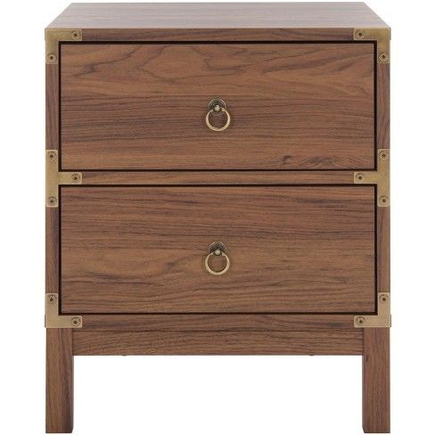 a wooden nightstand with two drawers and brass hardware on the bottom drawer, against a white background