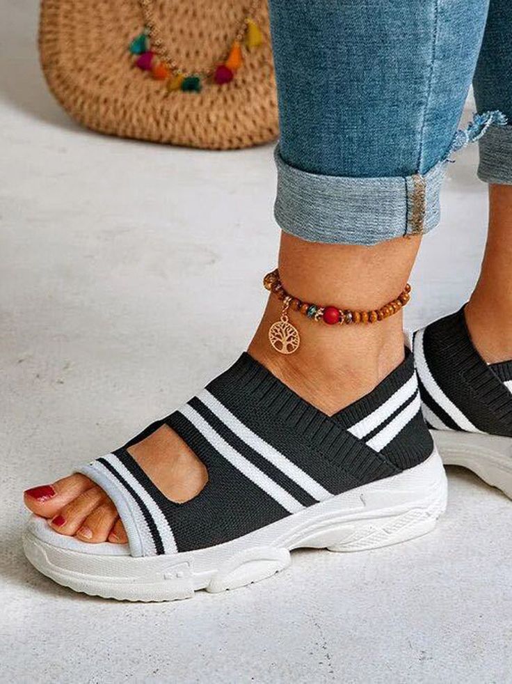 Striped Cutout Sandals – zierashop Comfy Sandals, Rhinestone Sandals, Wedges Style, Womens Summer Shoes, Shoes Heels Wedges, Open Toe Sandals, Sandal Fashion, Casual Sandals, Casual Shoes Women