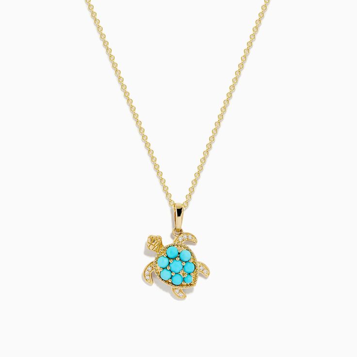 Effy Seaside 14K Yellow Gold Turquoise and Diamond Turtle Pendant 14k Gold Turquoise Necklace For Gift, Fine Jewelry Turquoise Gemstone Necklace In Yellow Gold, Fine Jewelry Turquoise Necklace In Yellow Gold, Fine Jewelry Yellow Gold Turquoise Gemstone Necklace, Luxury Yellow Gold Turquoise Necklace, Ocean-inspired Starfish Yellow Gold Jewelry, 14k Gold Multi-stone Turquoise Jewelry, Diamond Turtle Necklace, Ocean-inspired Turquoise Pendant Necklace