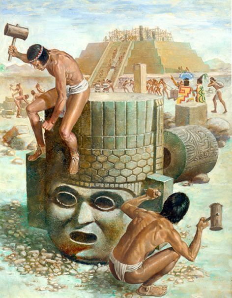 the painting shows two men working on a giant head and another man is holding a hammer