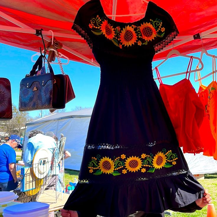 Pretty Dress Different Colors, Sunflower Embroidery Long Dress. Black Spring Fiesta Dress, Black Dress With Floral Embroidery For Fiesta, Black Dresses For Spring Fiesta, Embroidery Long Dress, Sunflower Embroidery, Pretty Dress, Brand Colors, Pretty Dresses, Lady In Red