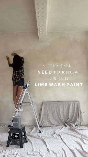 a woman standing on top of a ladder in front of a wall with the words,'this you need to know just fine wash paint '