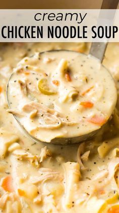 creamy chicken noodle soup in a white bowl with a ladle