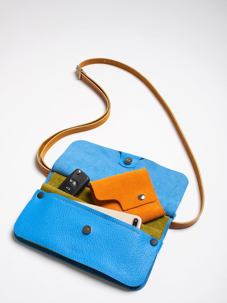 The Novella bag - Electric blue suede leather – scabbyrobot Vintage Gold Necklace, Hands Free Bag, Low Angle, Love Language, Orange Leather, Yellow Leather, Profile Design, Leather Buckle, Small Wallet