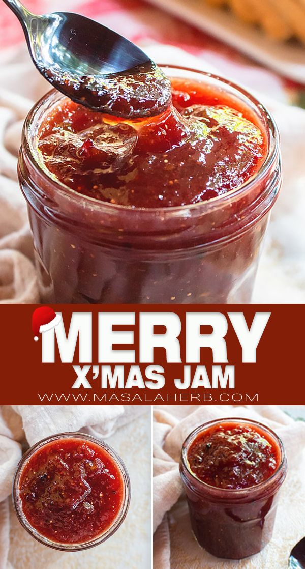 homemade christmas jam in a glass jar with spoon and title overlay - merry x'mas jam