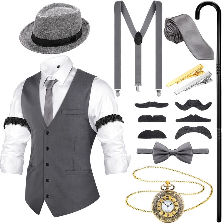 PRICES MAY VARY. Comprehensive 1920s Accessories for Men: there are 1 vest, 1 hat, 1 vintage pocket watch, 1 Y suspender, 1 pre tied bow tie, 2 armbands, 1 men tie, 2 tie clips, 6 false mustaches, 1 cane, various and sufficient accessories to meet your needs for daily Classic and Retro Style: the costume accessories for men are designed with classic and retro style, which are full of retro flavor and bring you back to the 1920s, as well as make you look gentle, elegant, and eye catching in a cro 1920 Outfit Men, 1920 Mens Fashion Gatsby Costume Ideas, 1920 Guys Fashion, Men’s Roaring 20s Outfit, 1920s Male Fashion, 1920s Themed Party Outfit, 20s Theme Party Outfit, 1920s Men Accessories, Men’s 20s Costume