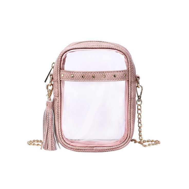 This Mellow World Evelina transparent crossbody bag is practical and stylish to carry just a few necessities for wherever you go. This Mellow World Evelina transparent crossbody bag is practical and stylish to carry just a few necessities for wherever you go. 8"H x 5.5"W x 2"D Removable crossbody strap length: 22" Zipper closure Gold-tone hardware Exterior: 1 slip pocket and tasselCONSTRUCTION & CARE PU and PVC Spot clean Imported WARNING: This product can expose you to chemicals including L Crossbody Strap, Fashion Backpack, Chemicals, Crossbody Bag, Gold Tones, Purse, Exterior, Zipper, Pink