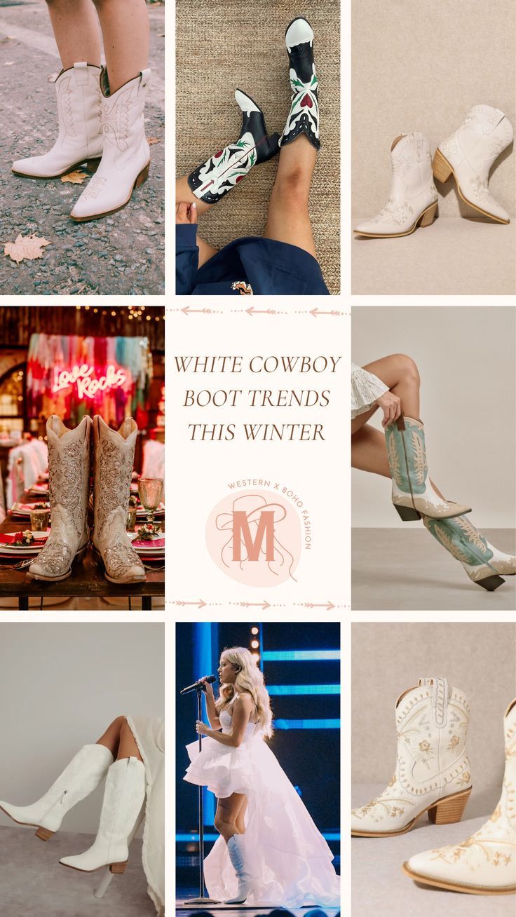 Elevate your winter wardrobe with the latest white cowboy boot trends! 🤍✨ From classic designs to modern twists, discover how these versatile boots can add a chic touch to any outfit. Whether paired with denim or dresses, white cowboy boots are a must-have this season. Explore styling tips and find your perfect pair to step into winter fashion with confidence. #WinterFashion #CowboyBoots #WhiteBoots Cream Cowboy Boots Outfit Winter, Cowboy Booties Outfit, White Cowgirl Boots Outfit, Cowboy Boots Outfit Winter, Theme Engagement Party, White Cowboy Boots Outfit, Western Boho Fashion, White Cowgirl Boots, Cowgirl Boots Outfit