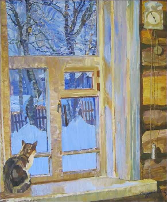 a painting of a cat sitting on a window sill looking out at the snow