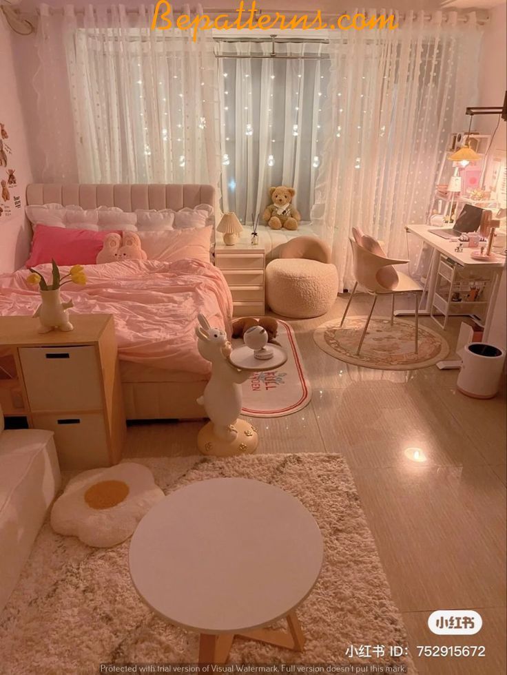 a bedroom with white curtains and pink bedding