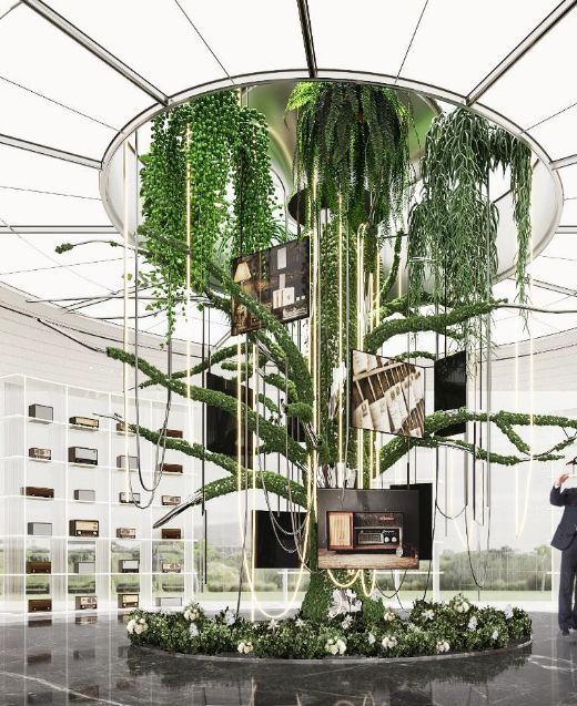 a man standing in front of a tree with plants growing out of it and televisions hanging from the ceiling