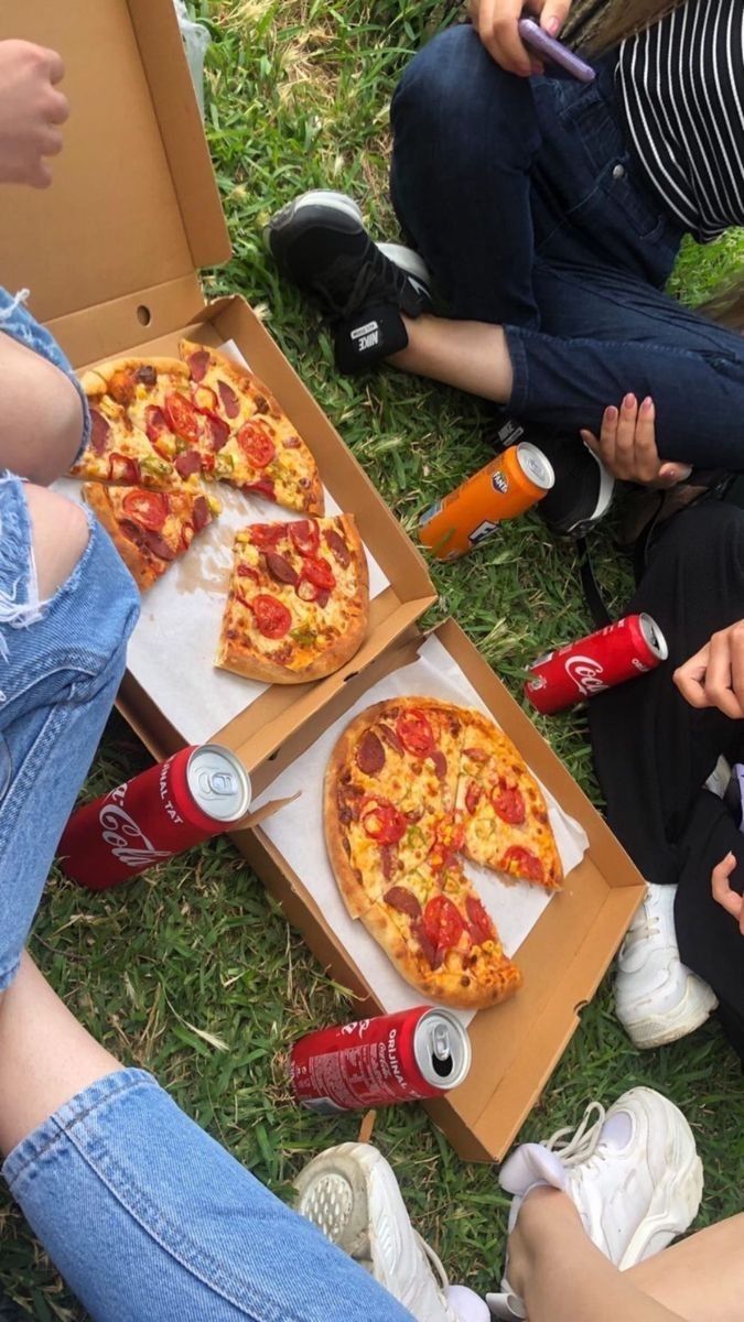 people sitting on the grass eating pizza and drinking sodas in front of their boxes