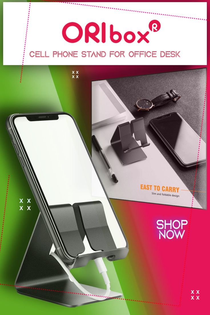 an advertisement for the cell phone stand for office desks with text overlaying it