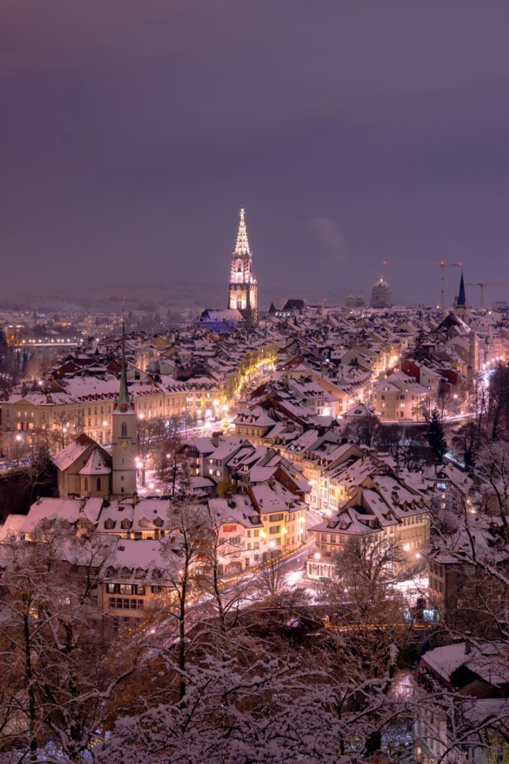 the city is lit up at night with snow on the ground and buildings in the foreground