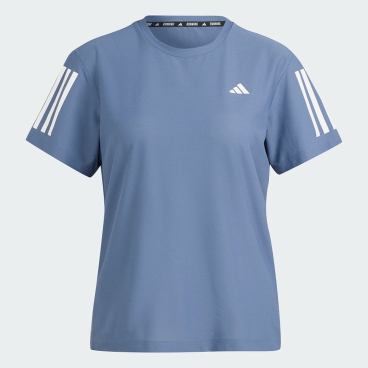 adidas Own The Run Tee - Blue | Women's Running | adidas US Blue Athleisure T-shirt With Three Stripes Branding, Adidas Crew Neck Running T-shirt, Blue Adidas T-shirt With Logo, Adidas Three Stripes Workout T-shirt, Blue Adidas Athleisure Top, Blue Adidas Sportswear Top, Blue Adidas Sportswear Top With Logo, Blue Sports Top With Three Stripes Branding, Blue Sportswear Top With Three Stripes Branding