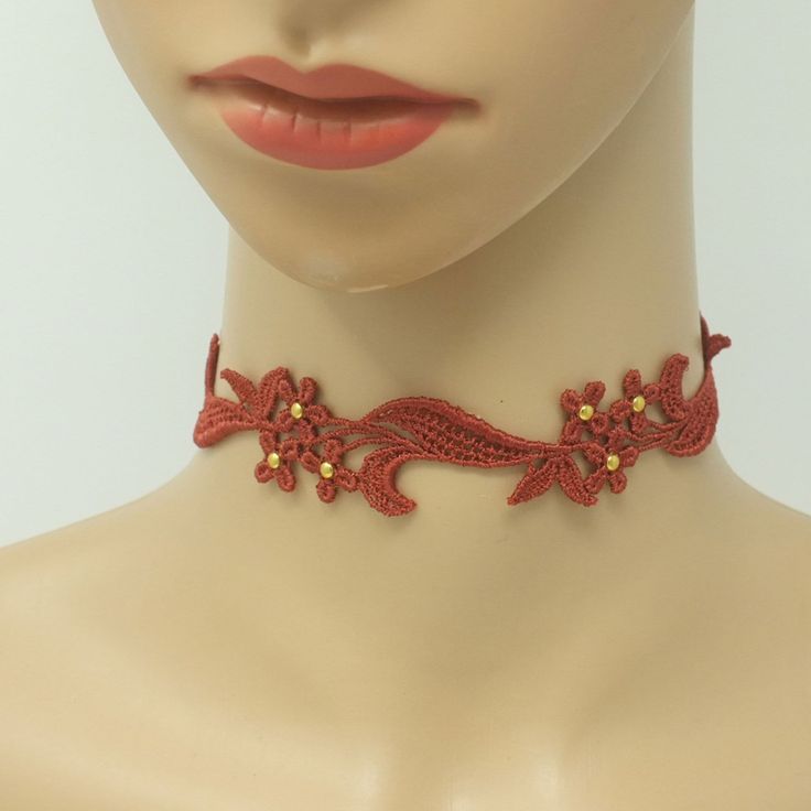 Experience luxury and enchantment with the Sophia Rust-Orange Floral Choker adorned with shimmering gold beads, adding a touch of sensuality and femininity - ideal for completing your look. The intricate 1/2 inch wide floral lace is made with my embroidery machine, using rayon thread, resulting in a delicate lace that is soft to the touch, flexible, and comfortable to wear. Rock this rust-orange lace choker day or night to level up your look, no matter how chill or dressed up you feel. Size adju Swarovski Butterfly, Cinnamon Red, Fiercely Feminine, Floral Choker, Flower Choker Necklace, Lace Choker, Flower Choker, Chain Extenders, Rust Orange