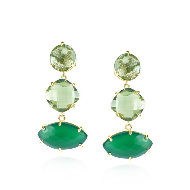 A pair of show stopping green amethyst and green onyx drop earrings. These beautiful semi precious faceted cut stones are set in 18ct gold plated recycled silver.  These earrings also have a pendant to match. All Mounir jewellery is designed and carefully handmade in our London studio and all the stones we use are hand cut to our specific design. Due to its handcrafted nature each piece is unique and might vary slightly in finish.  All our jewellery is sent out in our signature gift packaging. Please note that as with all semi  precious stones due care and attention is needed. Each piece should be kept seperately and should not come into contact with any water or chemicals including perfume and hair spray. To clean after wear gently rub with a lint free soft polishing cloth. Fine Gold Necklace, June Birthstone Jewelry, Pearl Jewellery Earrings, Recycled Silver, Green Amethyst, Onyx Stone, Men's Jewelry Rings, Green Onyx, Evil Eye Jewelry