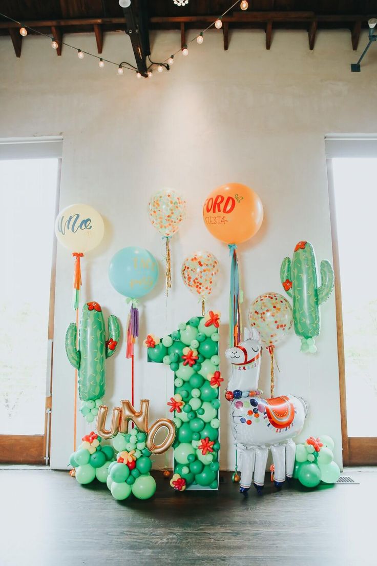 balloons and decorations are arranged on the wall