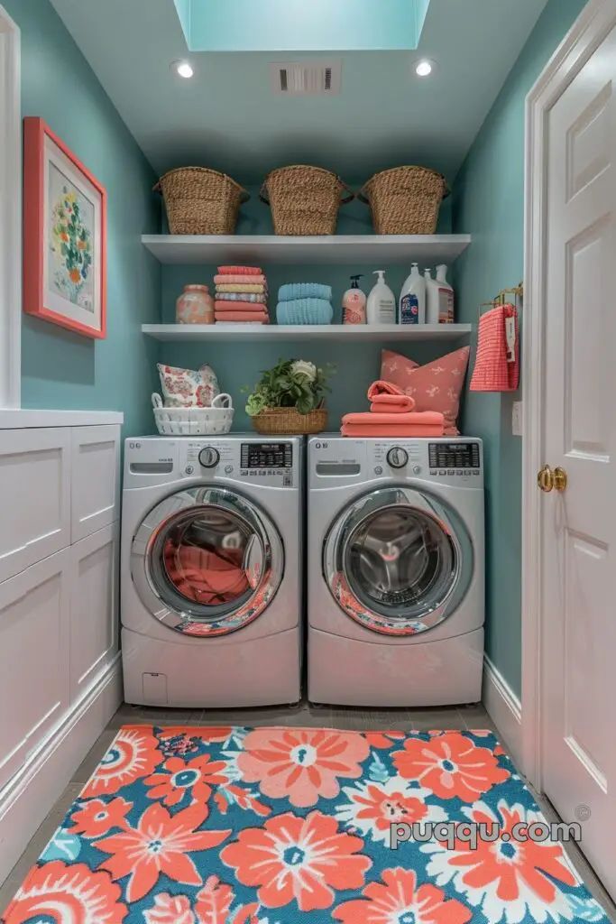 a washer and dryer in a room with blue walls, floral rugs and shelves