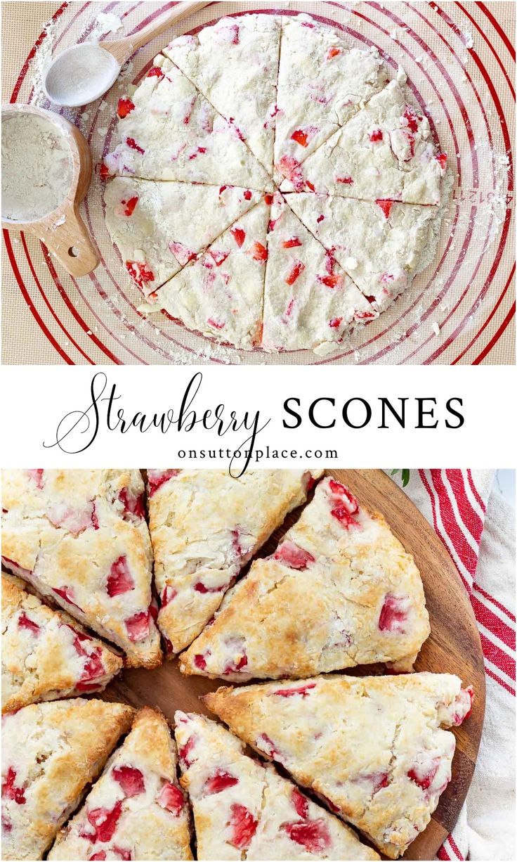 strawberry scones cut into slices on a plate