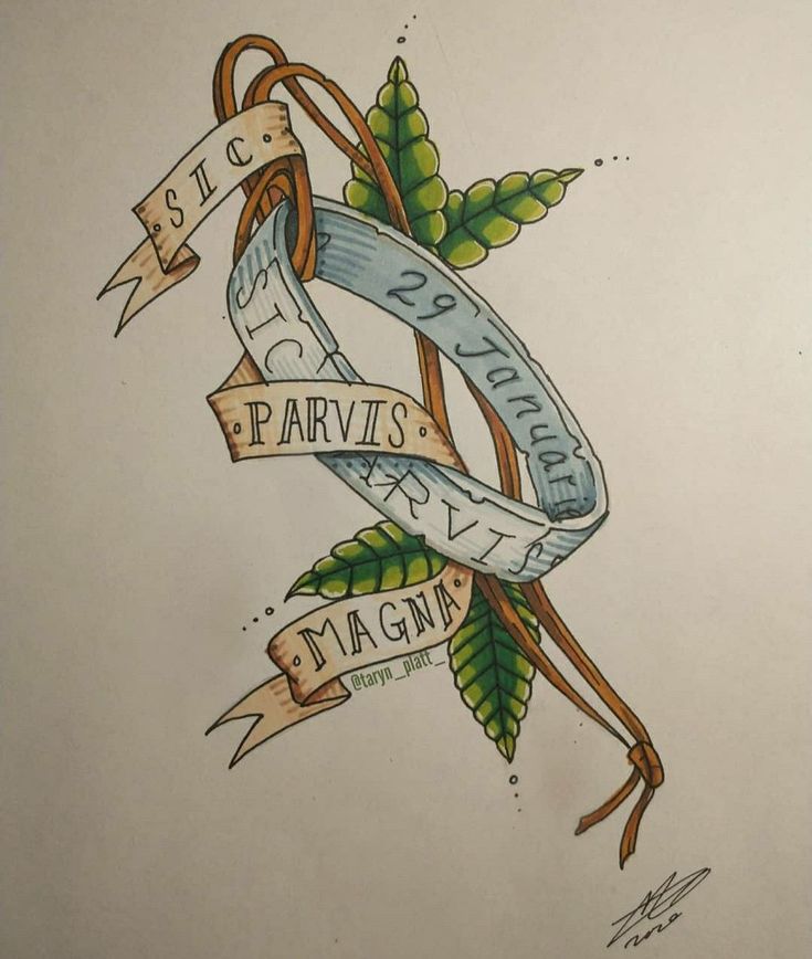 a drawing of a ribbon with leaves on it