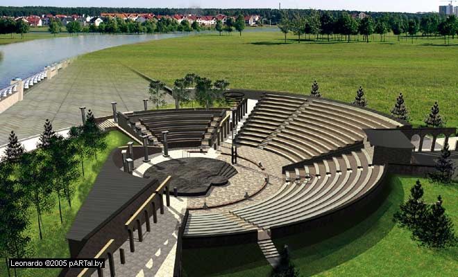 an artist's rendering of a theatre set in the middle of a grassy area