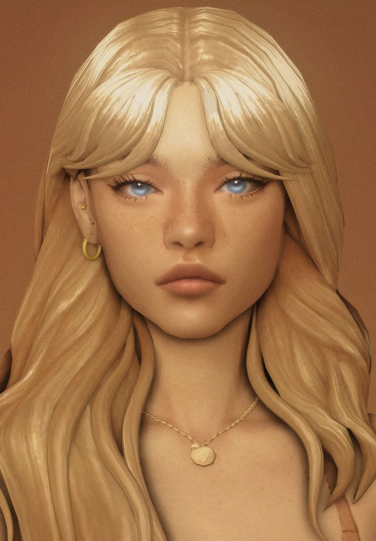 a digital painting of a blonde woman with blue eyes and long hair wearing a gold necklace