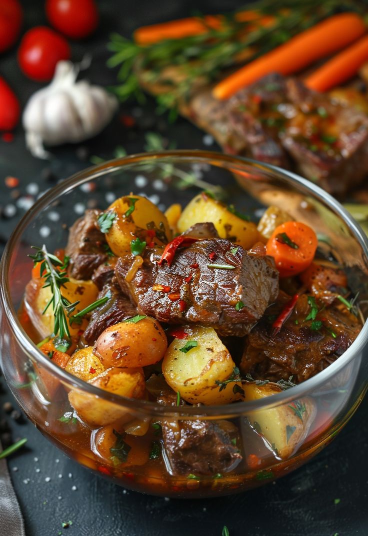 a glass bowl filled with meat and vegetables on top of a table next to tomatoes