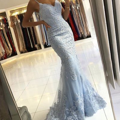 Mermaid satin lace long prom dress white evening dress · Dress idea · Online Store Powered by Storenvy Prom Dresses Sky Blue, Blue Lace Prom Dress, Lace Long Prom Dress, Blue Evening Dress, Senior Prom Dresses, Dress Mermaid, Blue Evening Dresses, Long Prom Dresses, Lace Mermaid