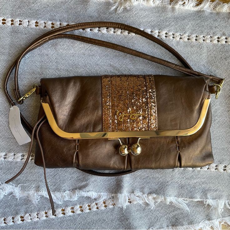 Brand New Jessica Simpson Brown & Gold Crossbody Bag With Sequin Detailing Jessica Simpson Handbags, Brown Crossbody Evening Bag With Gold-tone Hardware, Studded Purse, Brown Crossbody Bag With Silver-tone Hardware, Large Clutch, Hobo Purse, Vegan Handbags, Brown Handbag, Orange Bag