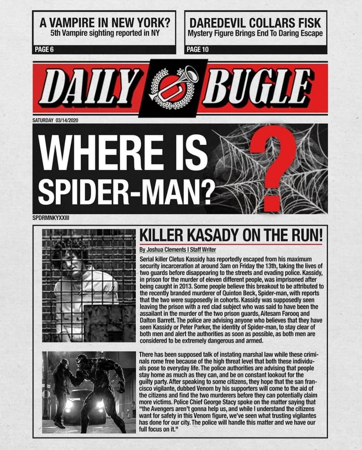 the front page of daily bugle, where is spider - man? by killer kasady on the run