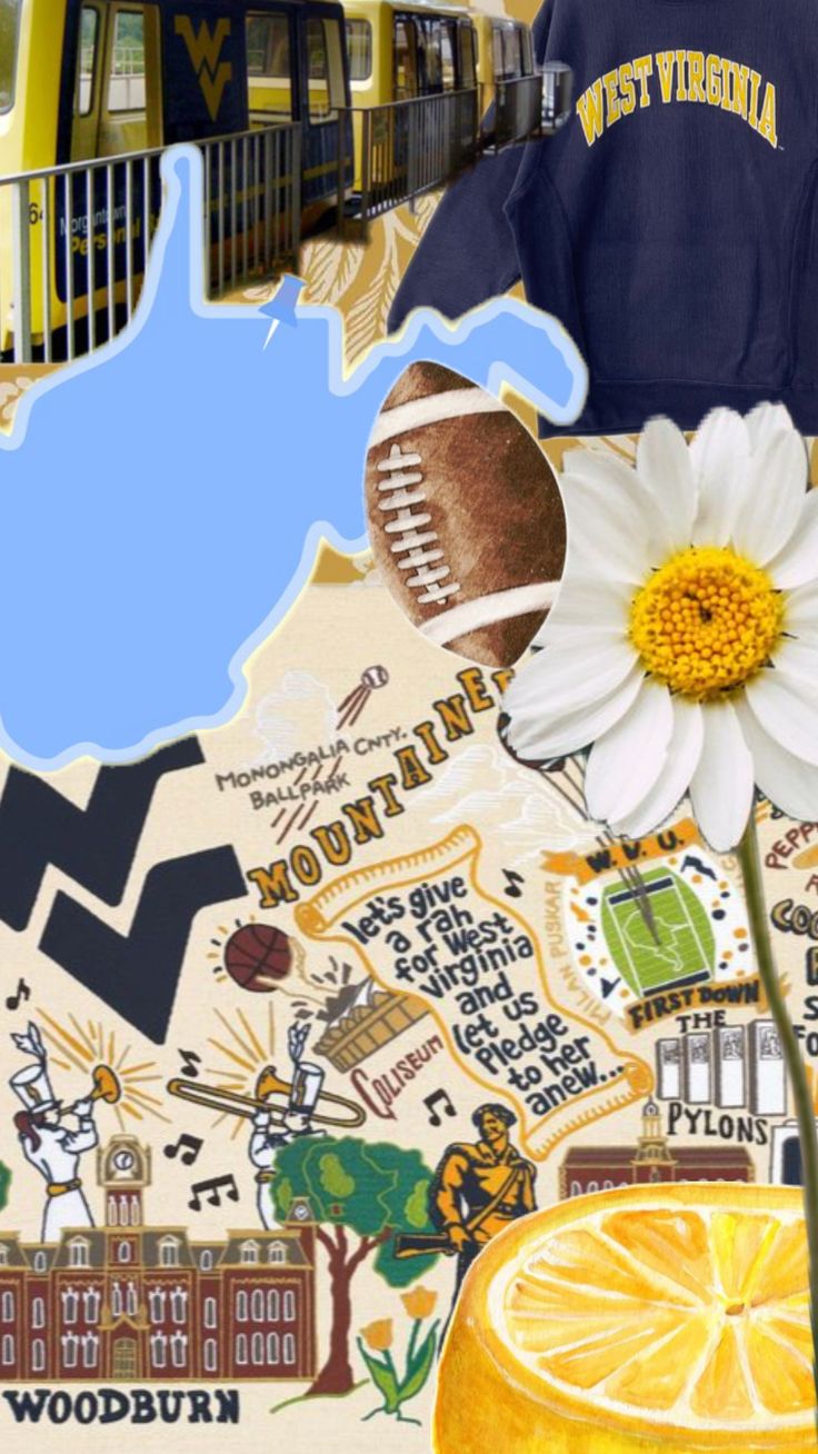 a collage of sports related items including a football jersey and a flower with the words west virginia on it