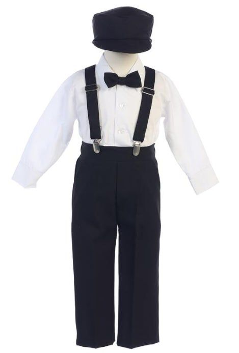 Great suspenders pant set from Lito for your little boy. Clip suspenders for a slightly casual look and a vintage flair. He can fix the suspenders with ease. Clip-on suspenders for versatility paired with black pants, make the perfect ensemble. A matching hat is included. Made in USA. Kids Suspenders Outfit, Clip On Bow Tie, Suspenders For Boys, Tie Matching, Black Suspenders, Suspender Clips, Suspender Pants, Matching Hat, Hat Set