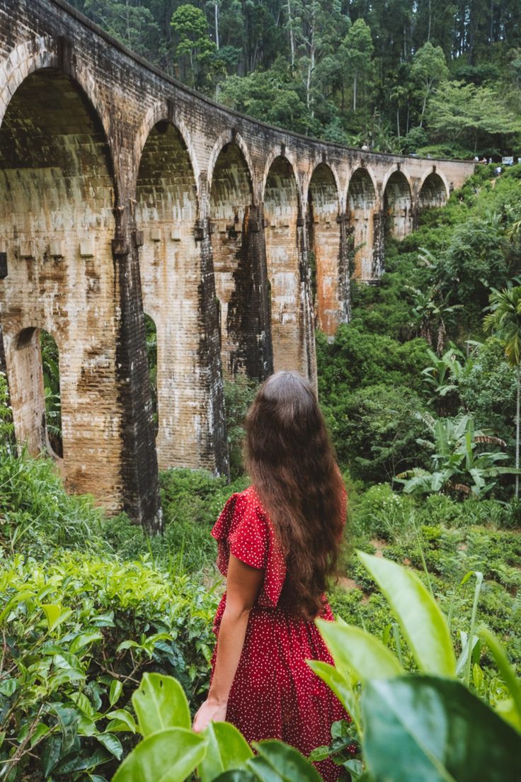 a woman in a red dress looking at an old bridge