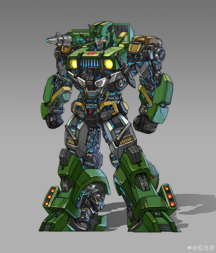 a green and blue robot with yellow lights on it's head, standing in front of