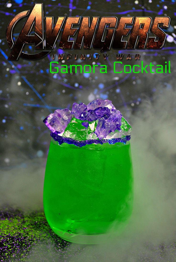 a green cocktail with ice in it and the words, avengers party wear grandpa's cocktail