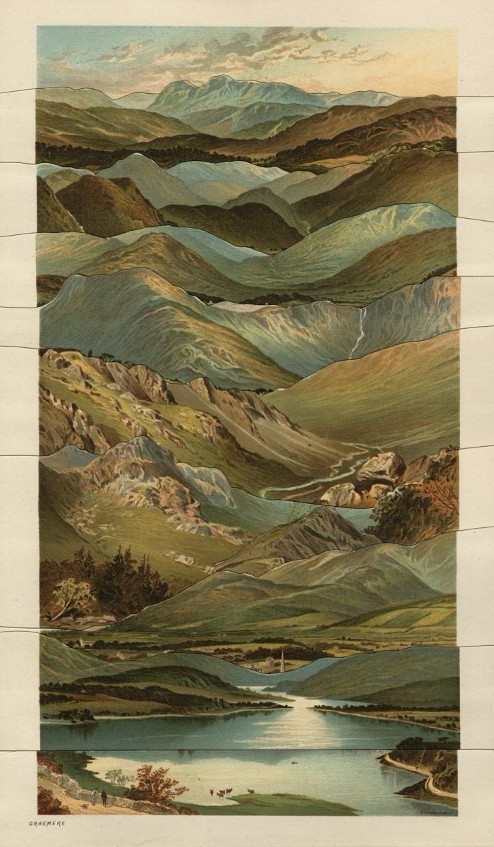 an illustration of mountains and lakes in the distance