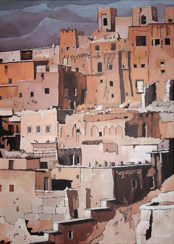 an oil painting of some buildings in the desert