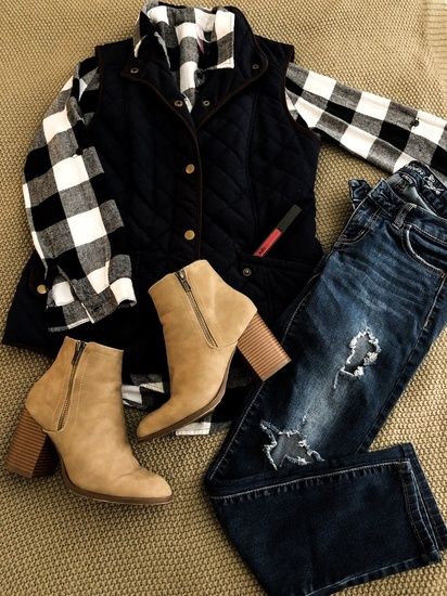 SHOP THIS LOOK | Fall is coming and that means it’s time for #FLANNEL & #PLAID 😍 (& maybe some #pumpkinspice ??) Grab your favorite pair of distressed jeans + your favorite flannel plaid + a quilted vest + some cute Ankle Boots! #ShopStyle #MyShopStyle #LooksChallenge #Holiday #Flatlay #Beauty #Lifestyle #TrendToWatch #FallStyle #WinterStyle Buffalo Plaid Outfit, Casual Holiday Outfits, Flannel Outfits, Fall Is Coming, Puffy Vest, Plaid Outfits, Cold Weather Outfits, Cute Fall Outfits, Quilted Vest