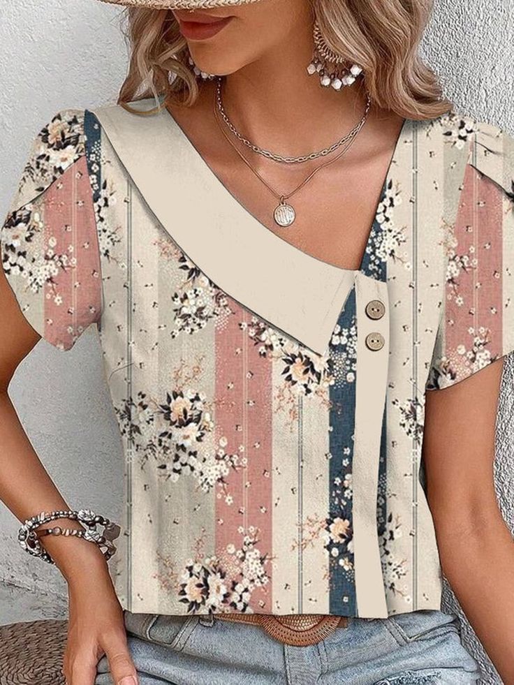 Product Title :Loose Floral Asymmetrical Collar Casual Shirt Product Measurements cm Size US Waist Bust Hip S 6-8 70-74 88-92 96-100 M 10 75-78 93-96 101-104 L 12 79-84 97-102 105-110 XL 14 85-90 103-108 111-116 XXL 16 91-96 109-114 117-122 Product Details Clothes Length:Regular Sleeve Length:Short sleeve Edition type:Loose Elasticity:Micro-Elasticity Silhouette:H-Line Thickness:Lightweight Size Type:Regular Size Material:Polyester Activity:Daily Neckline:Asymmetrical Collar Pattern:Floral Style Casual Asymmetrical Patchwork Blouse, Spring Asymmetrical Tops With Buttons, Spring Blouse With Patchwork And Asymmetrical Hem, Asymmetrical Summer Blouse With Buttons, Spring Patchwork Blouse With Asymmetrical Hem, Summer Tops With Buttons And Asymmetrical Hem, Casual Beige Top With Asymmetrical Hem, Summer Tops With Patchwork And Asymmetrical Hem, Spring Tops With Buttons And Asymmetrical Hem