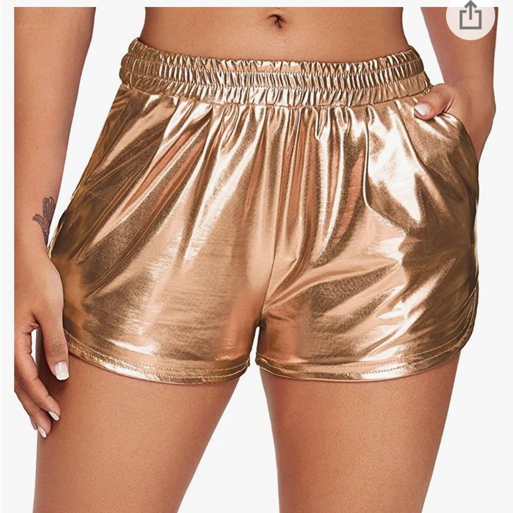 Metallic Gold Shorts, Elastic Waist, Shiny Pants, Never Worn, Xxl, Pockets Gold Bottoms With Built-in Shorts For Summer, Gold Stretch Summer Shorts, Casual Stretch Gold Bottoms, Casual Solid Color Shorts For Party, Gold Party Bottoms With Pockets, Casual Metallic Bottoms With Elastic Waistband, Gold Stretch Short Bottoms, Gold High-waisted Shorts For Summer, Gold Bottoms With Elastic Waistband For Summer